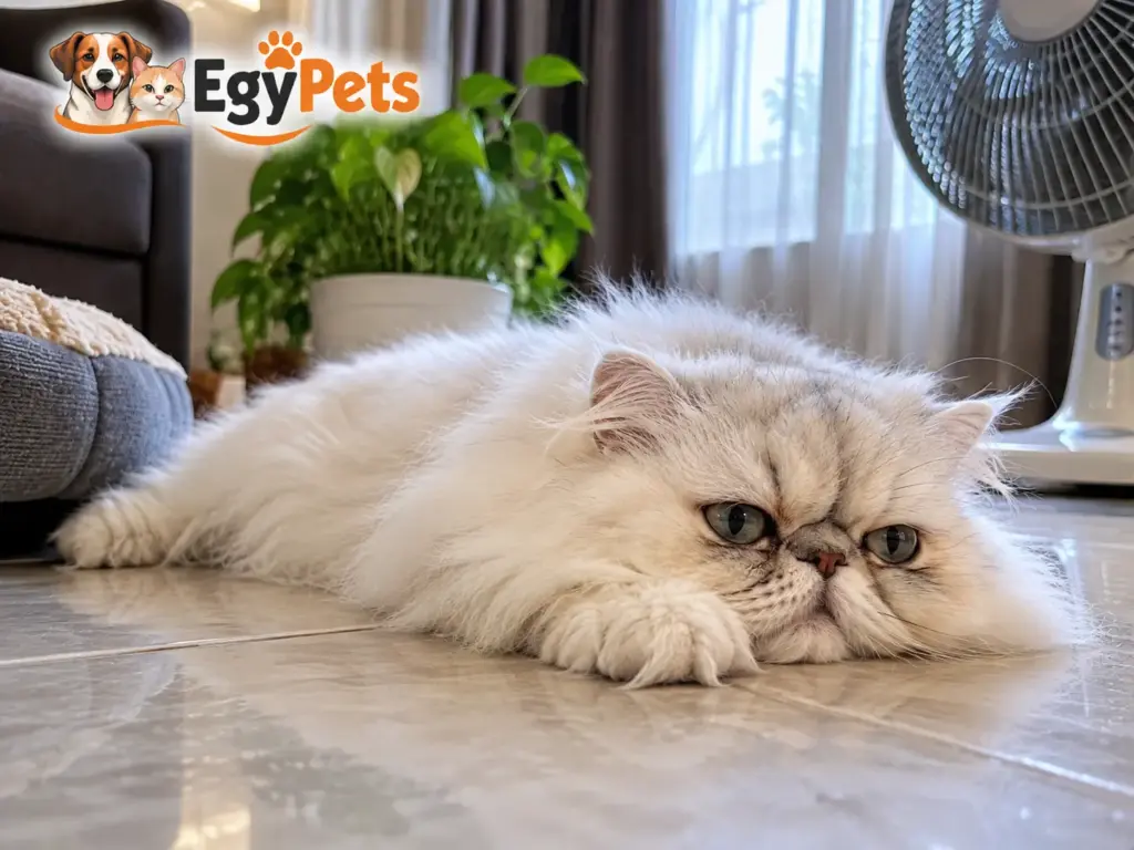 قط شيرازي أبيض يستريح على أرضية المنزل بجوار مروحة
