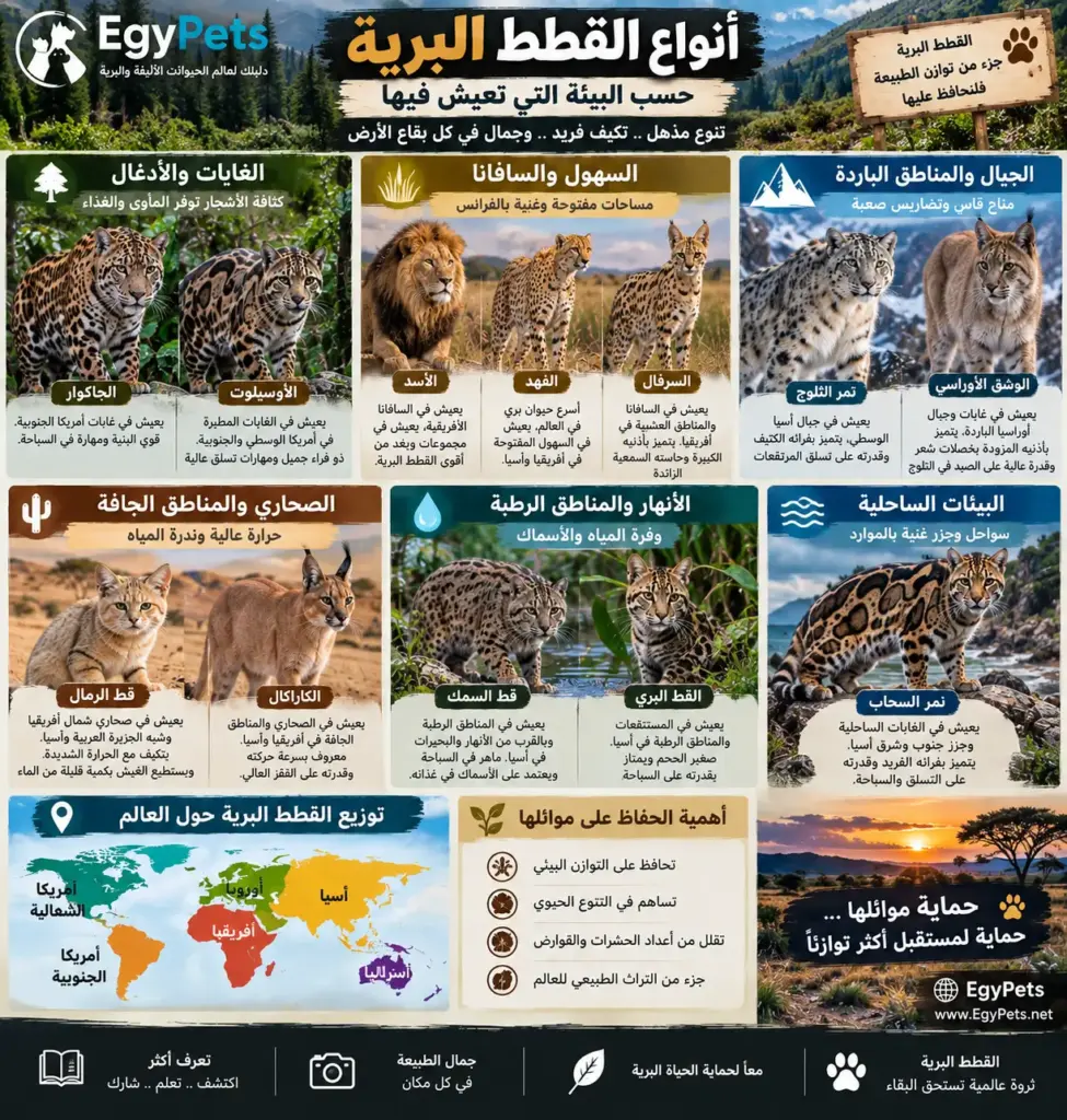 القطط البرية حسب البيئة التي تعيش فيها